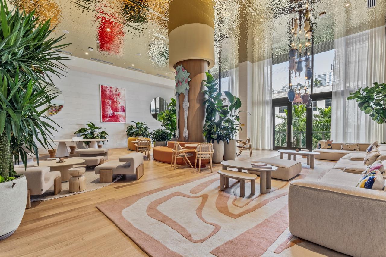 Lobby lounge with statement chandelier