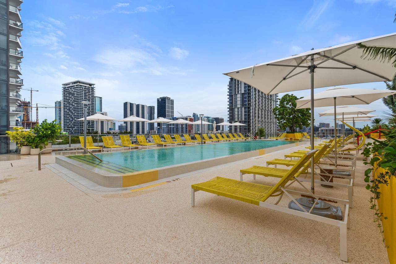 Rooftop pool deck facing the Miami skyline