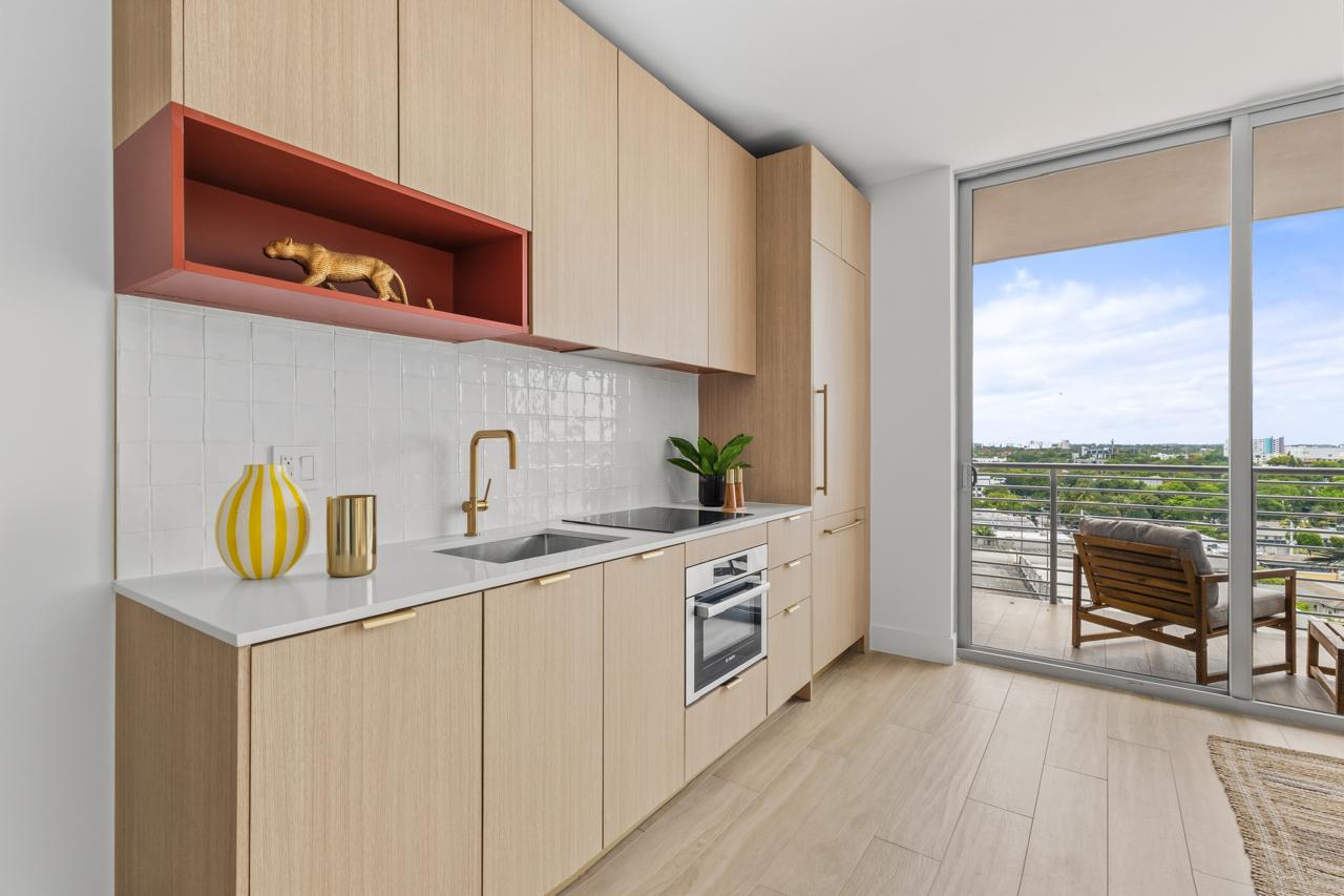 Kitchenette with private balcony and Midtown Miami view